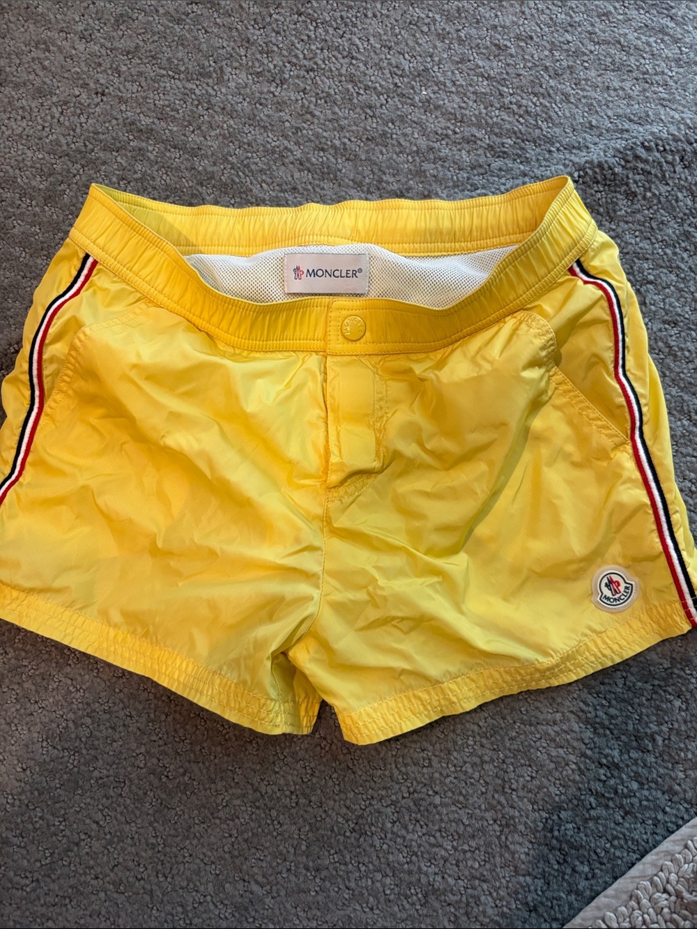Moncler Yellow Athletic Swim Shorts with Tricolor Side Stripes